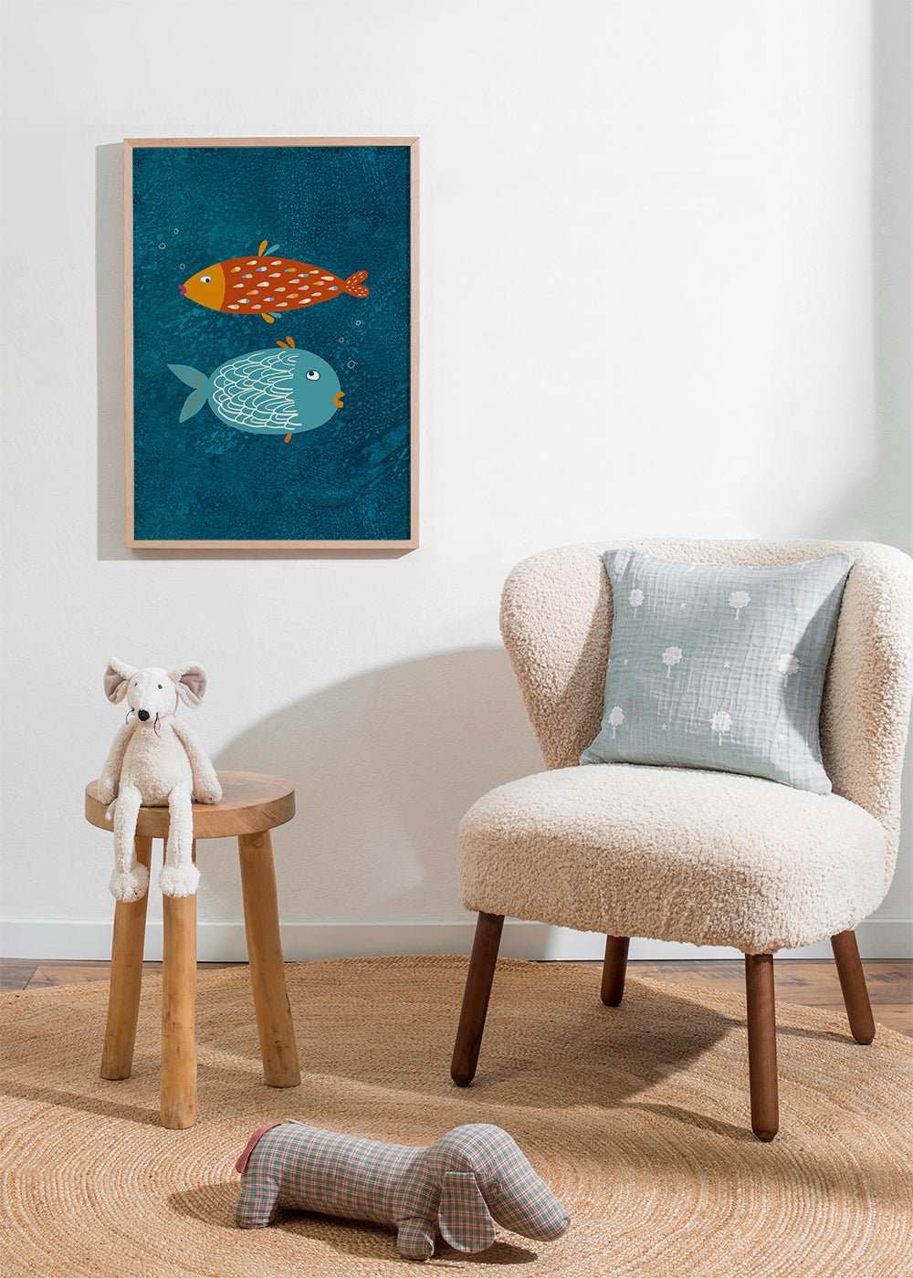 Plakat legesyge fisk på blå tekstur