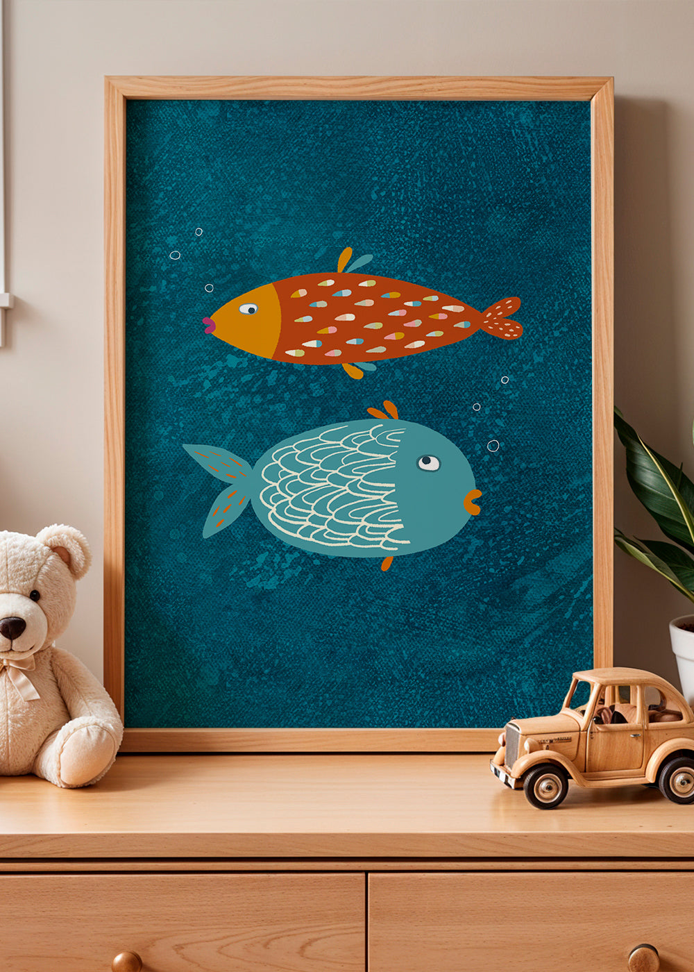 Plakat legesyge fisk på blå tekstur