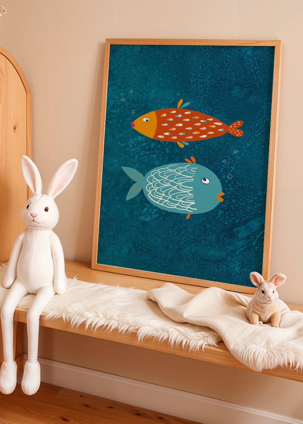 Plakat legesyge fisk på blå tekstur