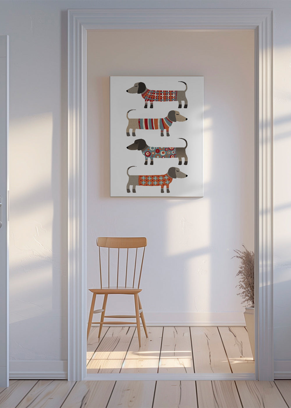 Kunst med gravhunde i mønstrede trøjer
