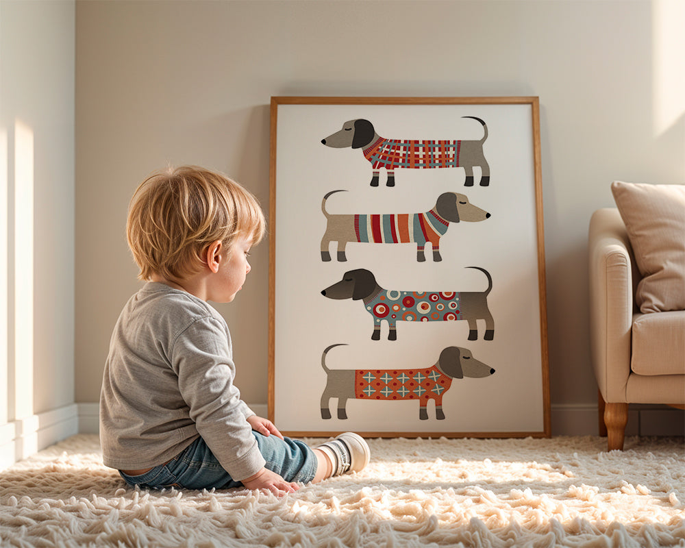 Kunst med gravhunde i mønstrede trøjer