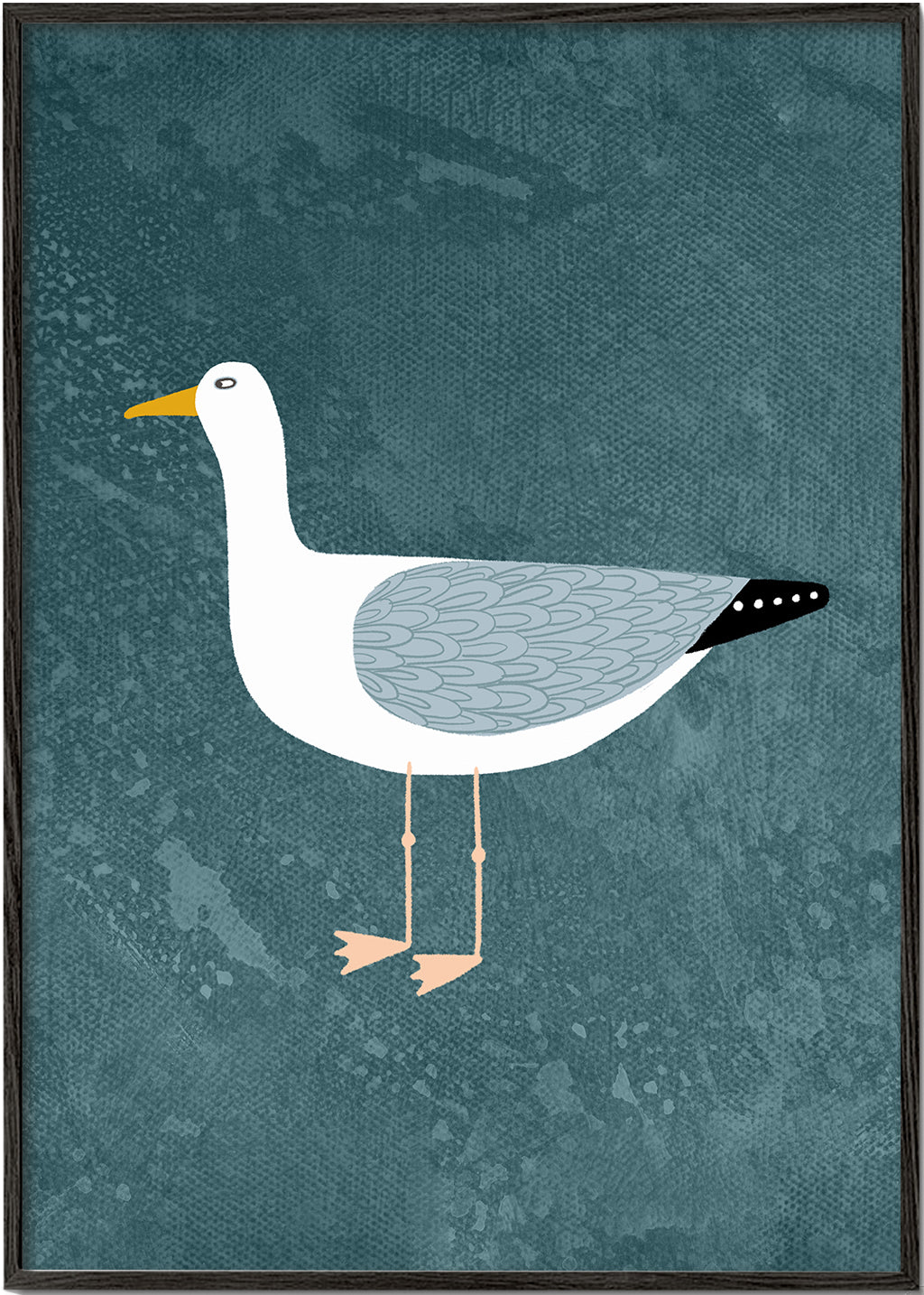 Mågeillustration på blå baggrund
