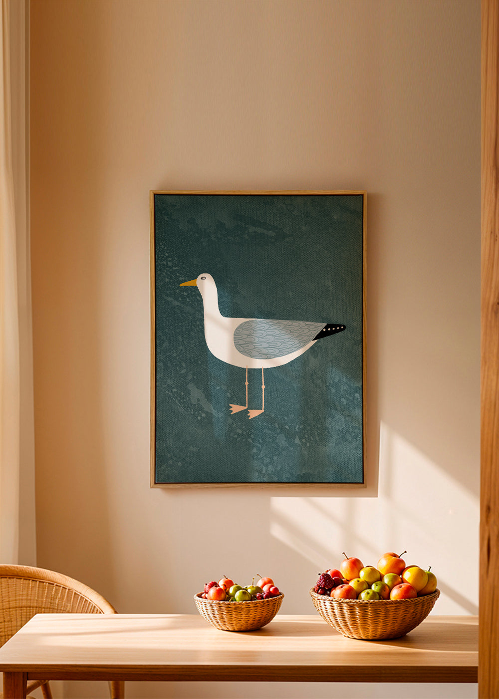 Mågeillustration på blå baggrund