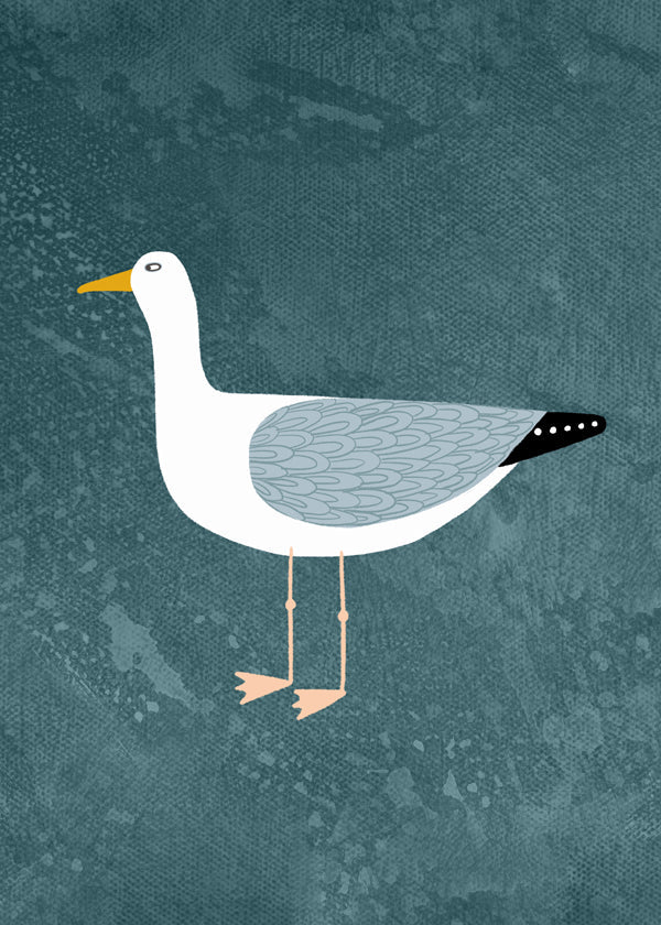 Mågeillustration på blå baggrund
