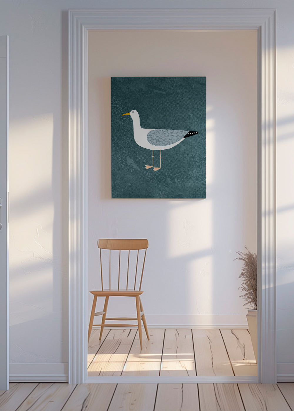 Mågeillustration på blå baggrund