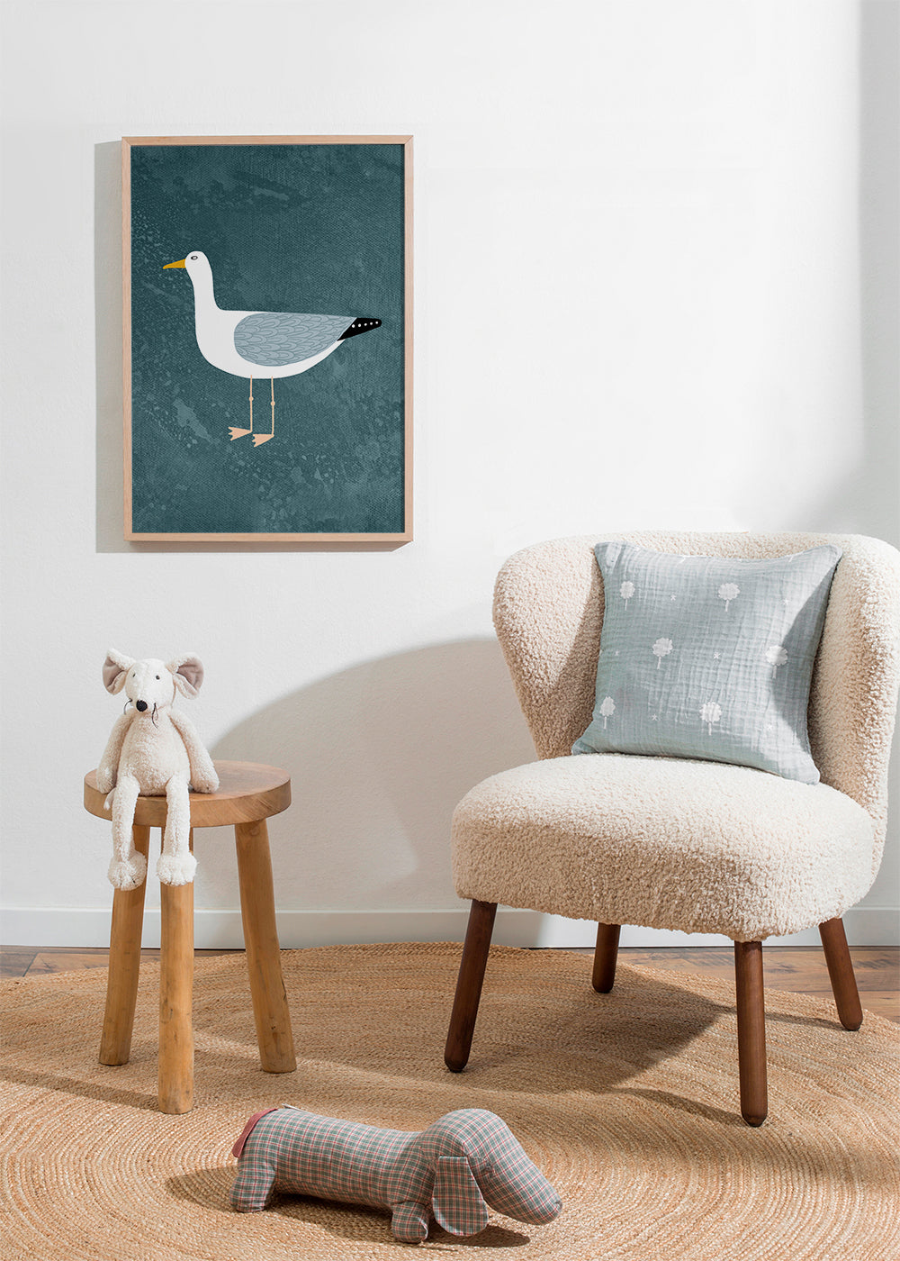 Mågeillustration på blå baggrund