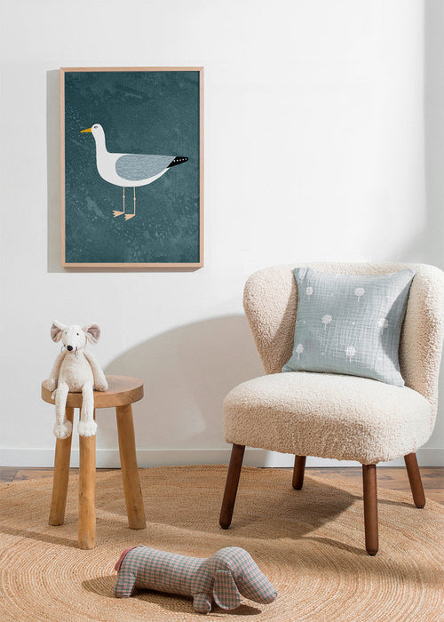 Mågeillustration på blå baggrund