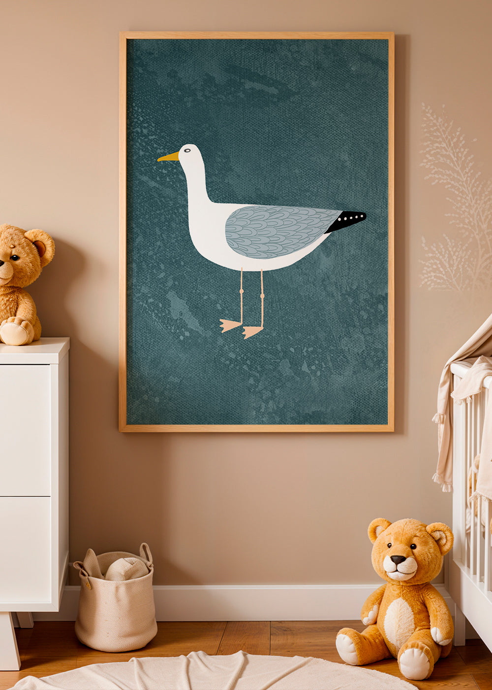 Mågeillustration på blå baggrund