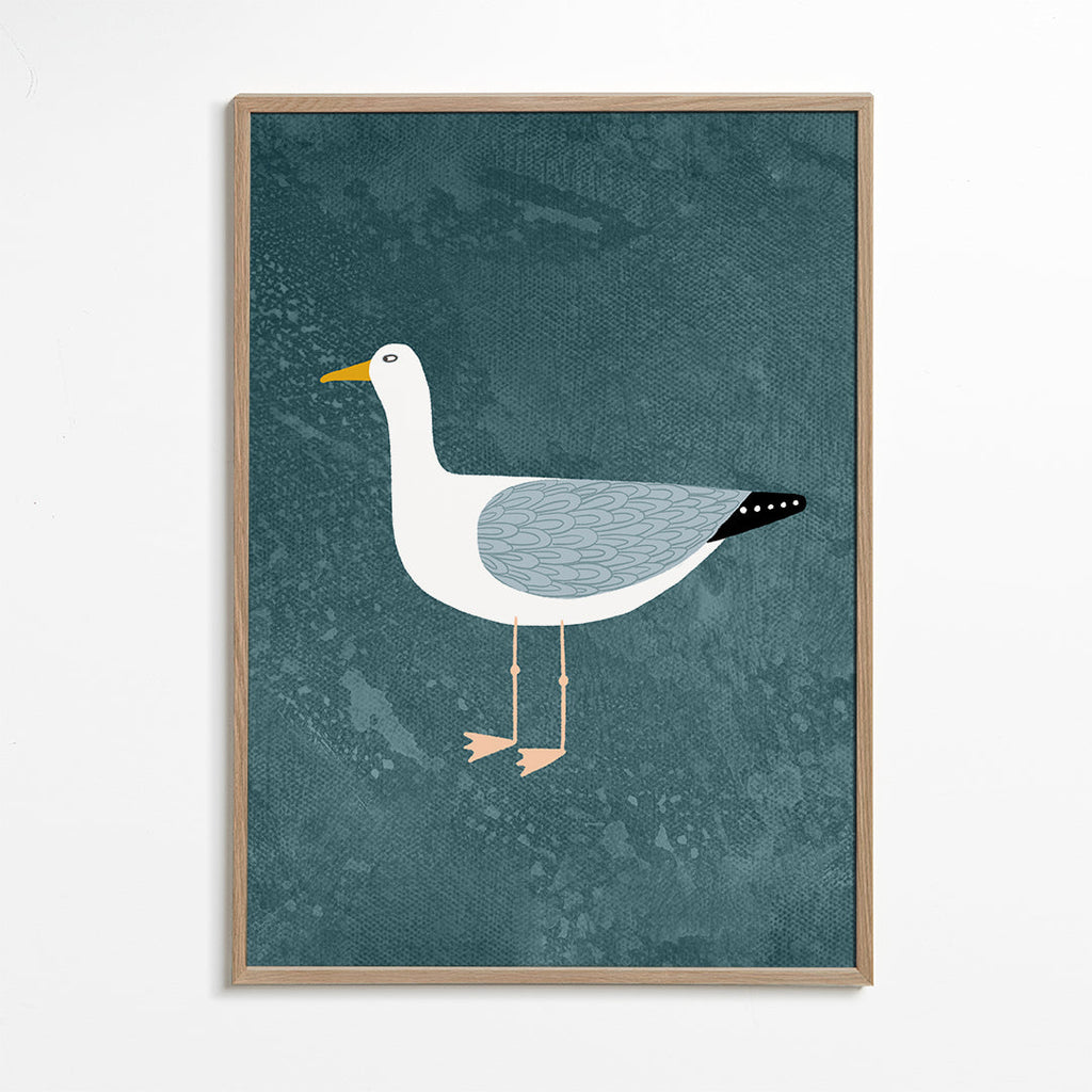 Mågeillustration på blå baggrund