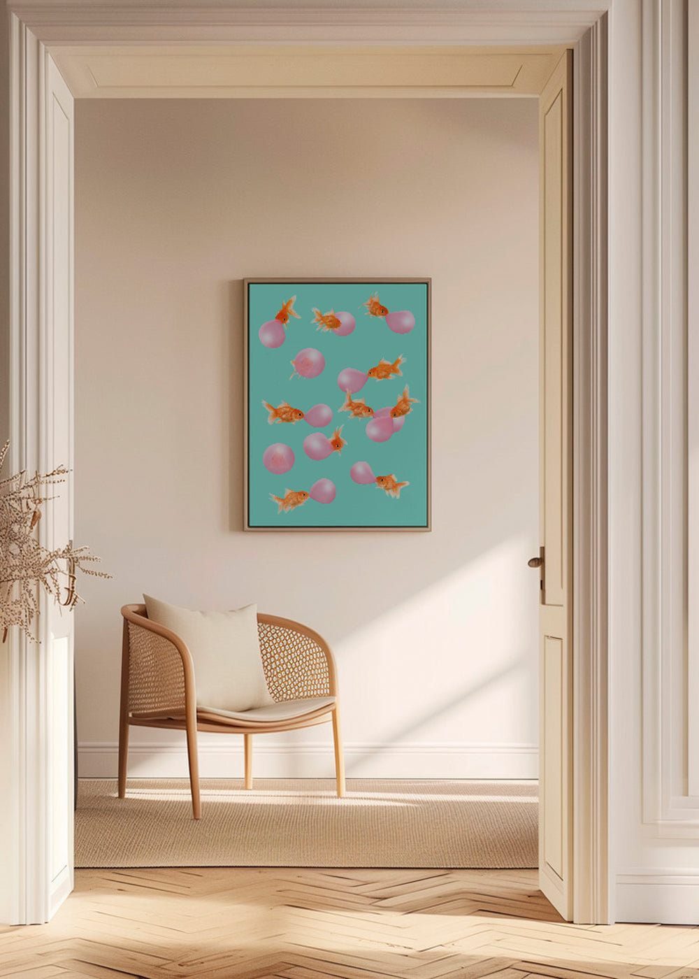 Plakat guldfisk med pink bobler