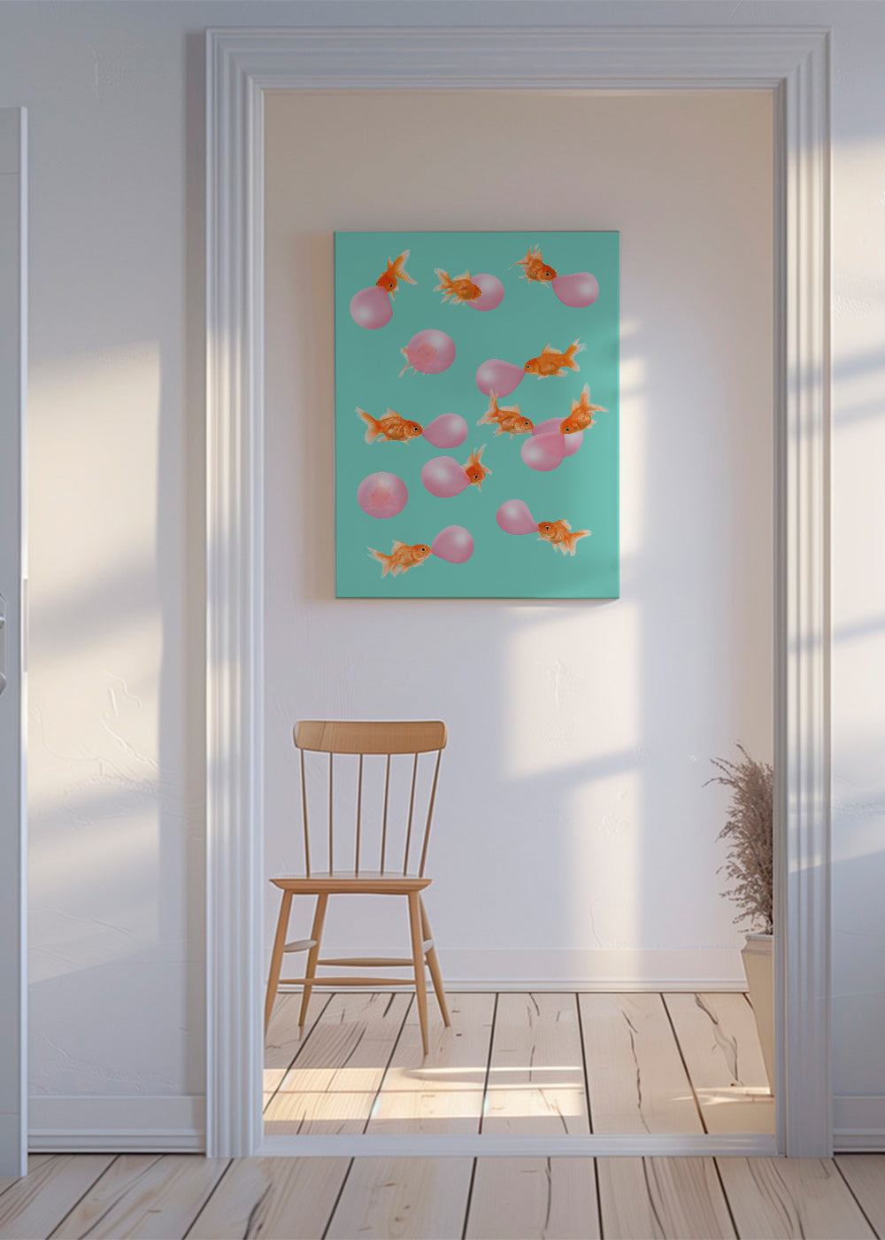 Plakat guldfisk med pink bobler