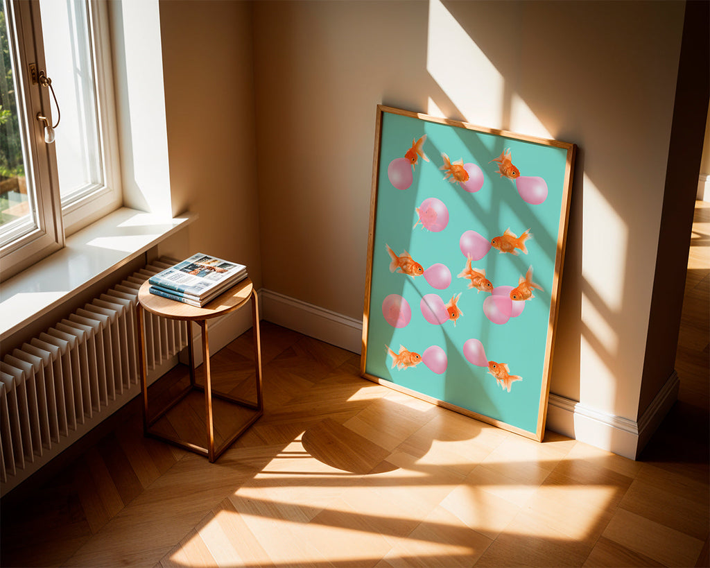 Plakat guldfisk med pink bobler