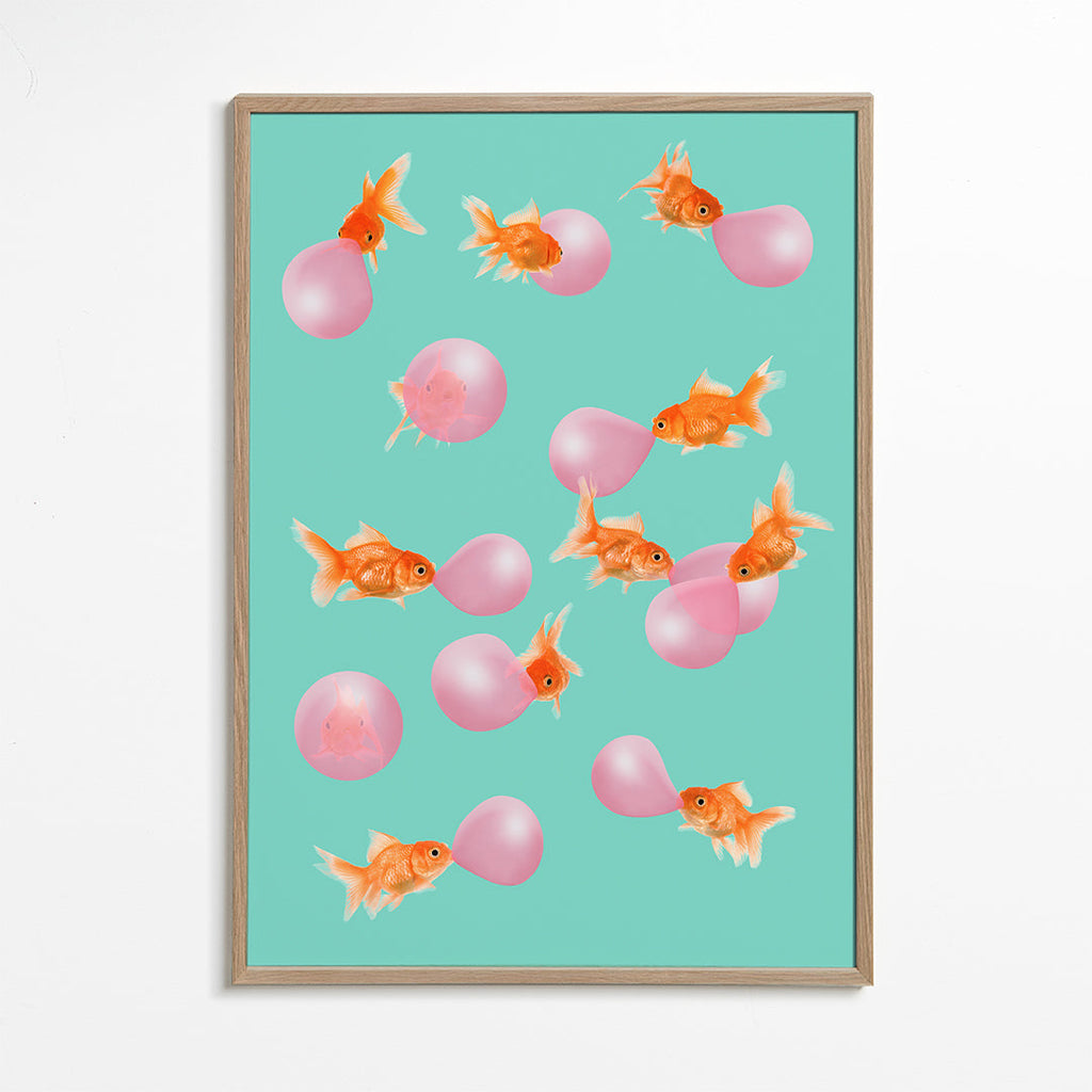 Plakat guldfisk med pink bobler