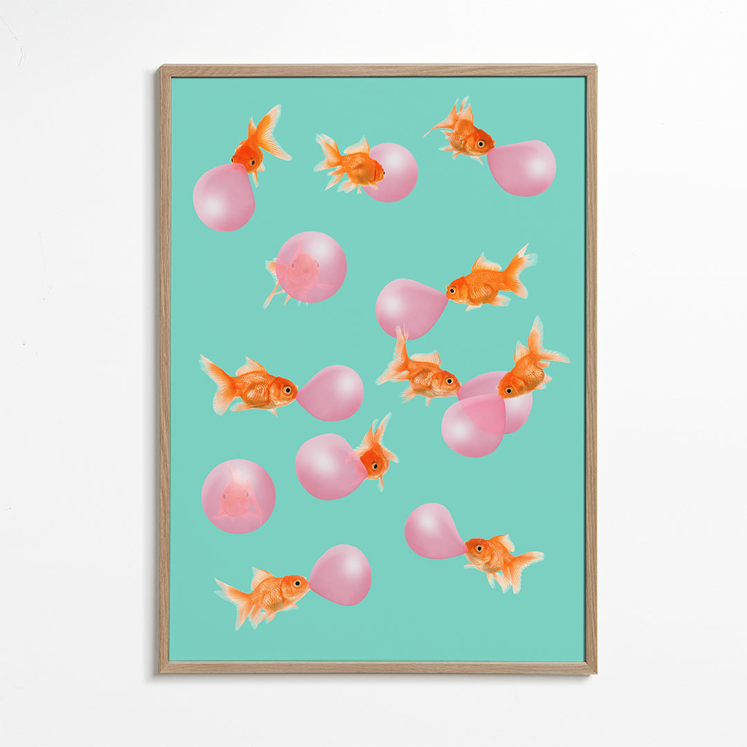 Plakat guldfisk med pink bobler