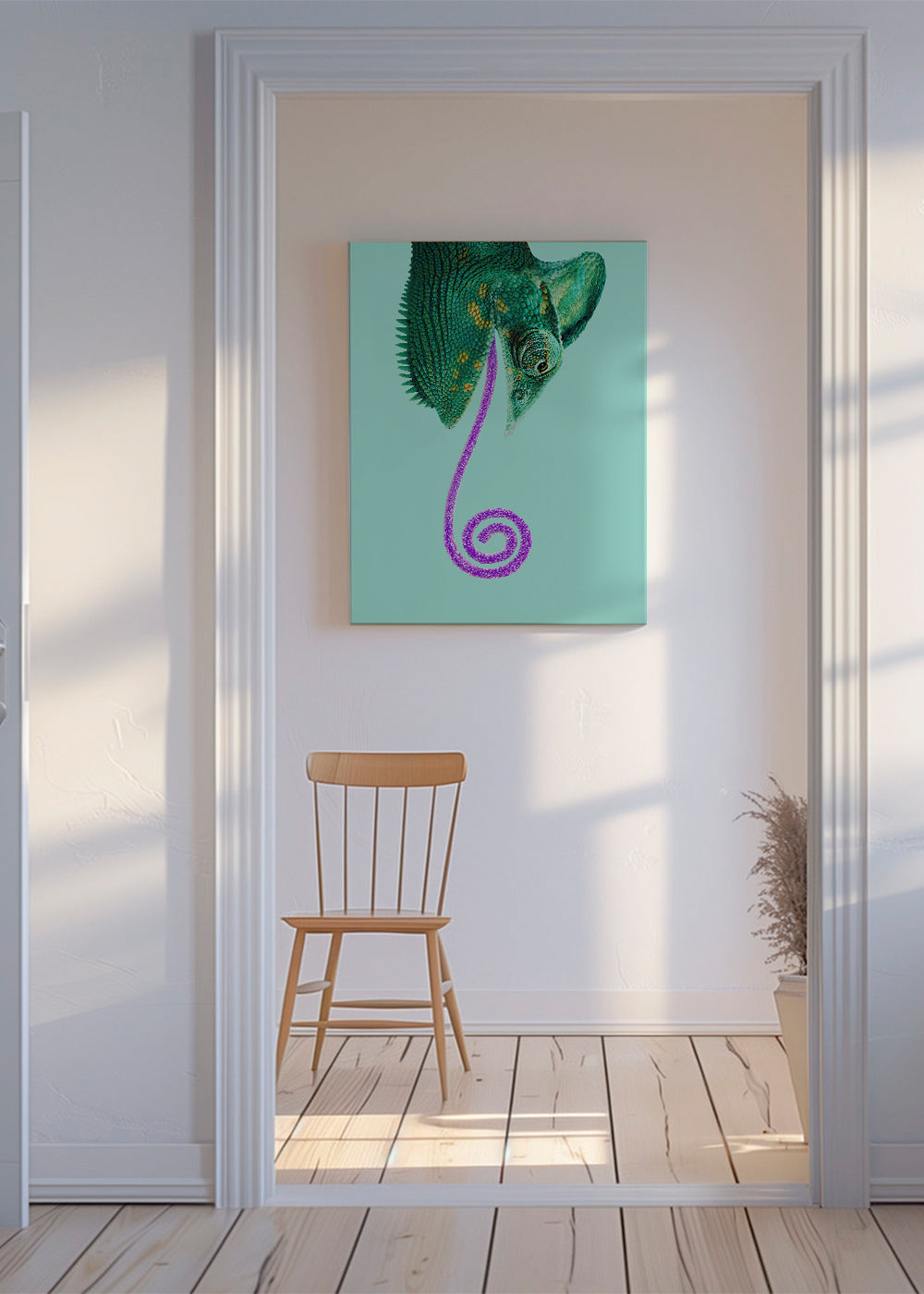 Kunst chameleon grøn med spiral tunge