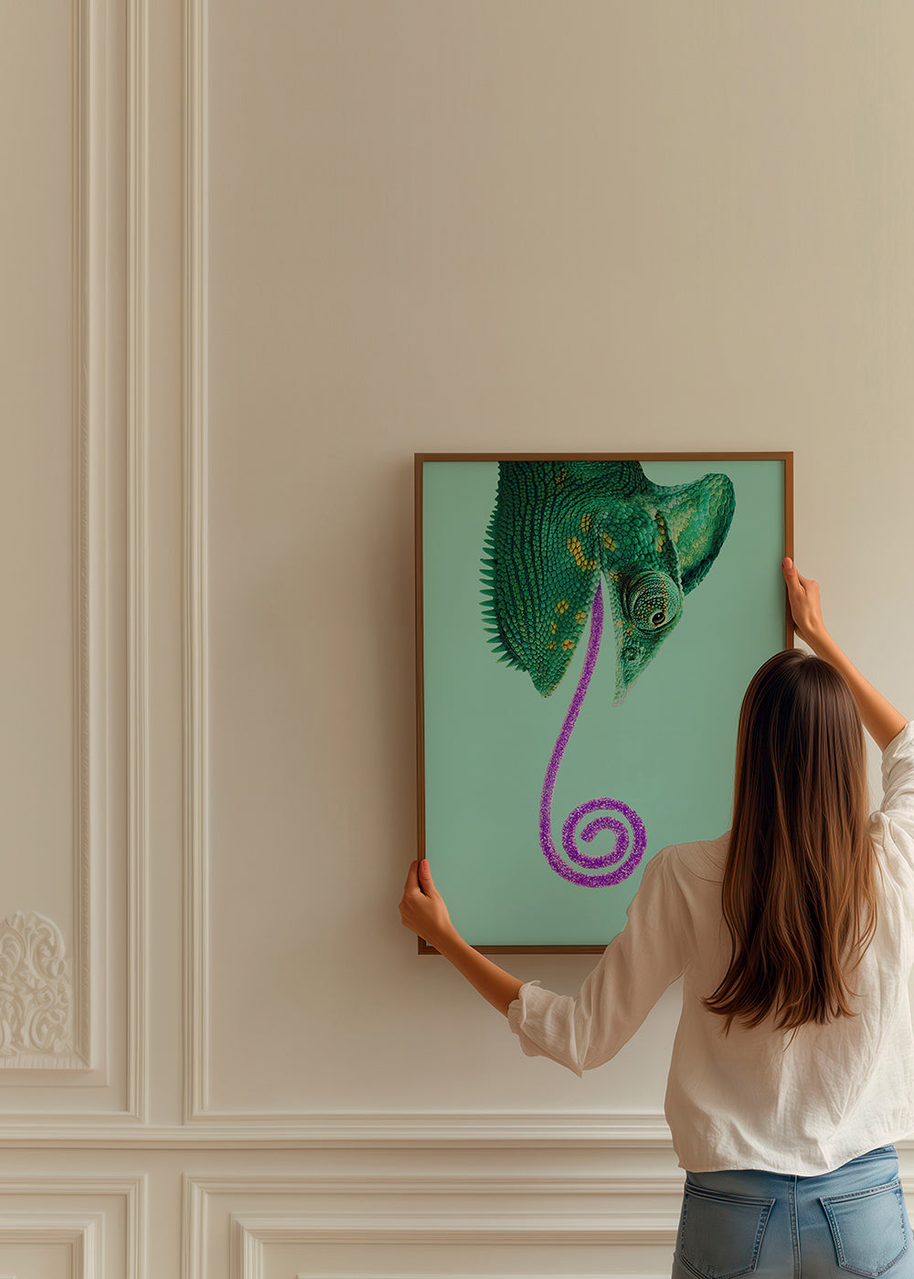 Kunst chameleon grøn med spiral tunge
