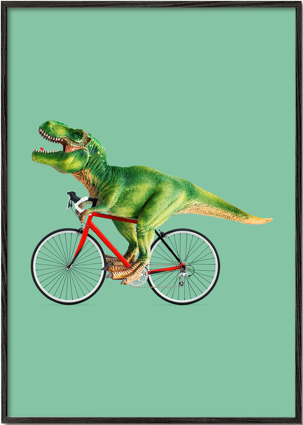 Plakat T-Rex på cykel med grønt baggrund