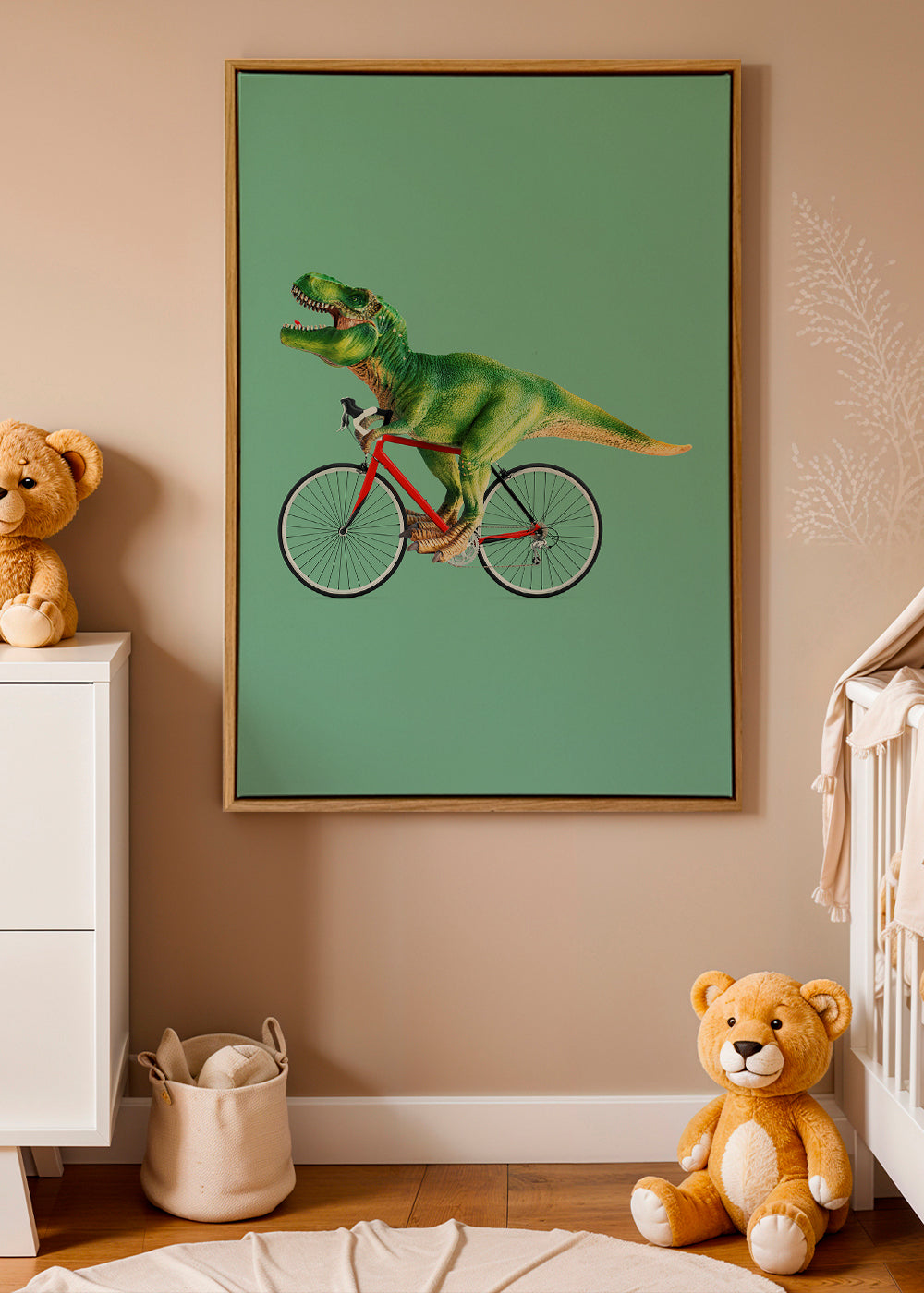 Plakat T-Rex på cykel med grønt baggrund