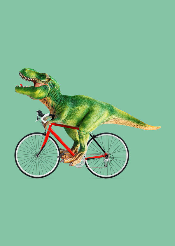 Plakat T-Rex på cykel med grønt baggrund