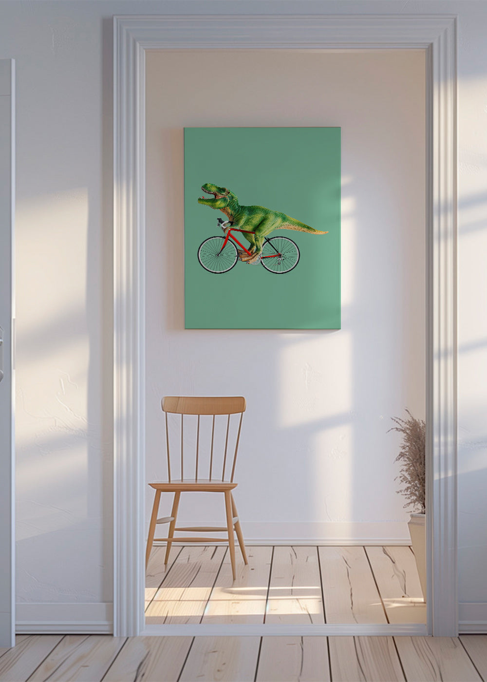 Plakat T-Rex på cykel med grønt baggrund