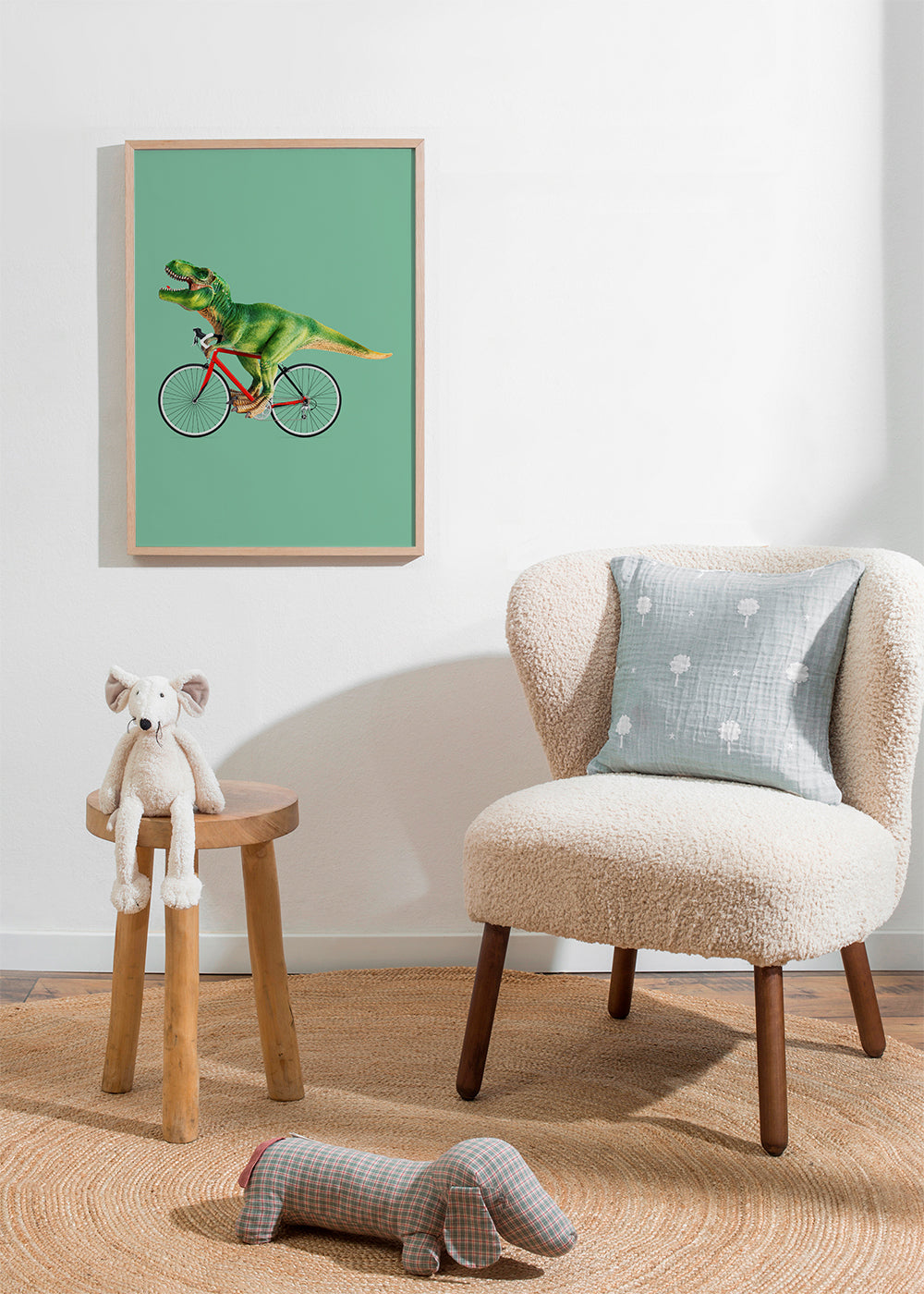 Plakat T-Rex på cykel med grønt baggrund