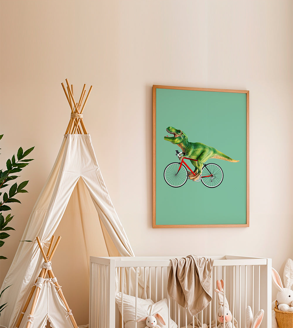 Plakat T-Rex på cykel med grønt baggrund