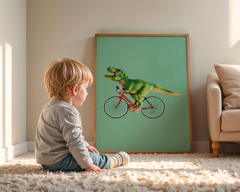 Plakat T-Rex på cykel med grønt baggrund