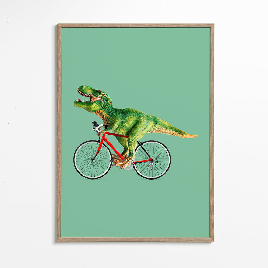 Plakat T-Rex på cykel med grønt baggrund