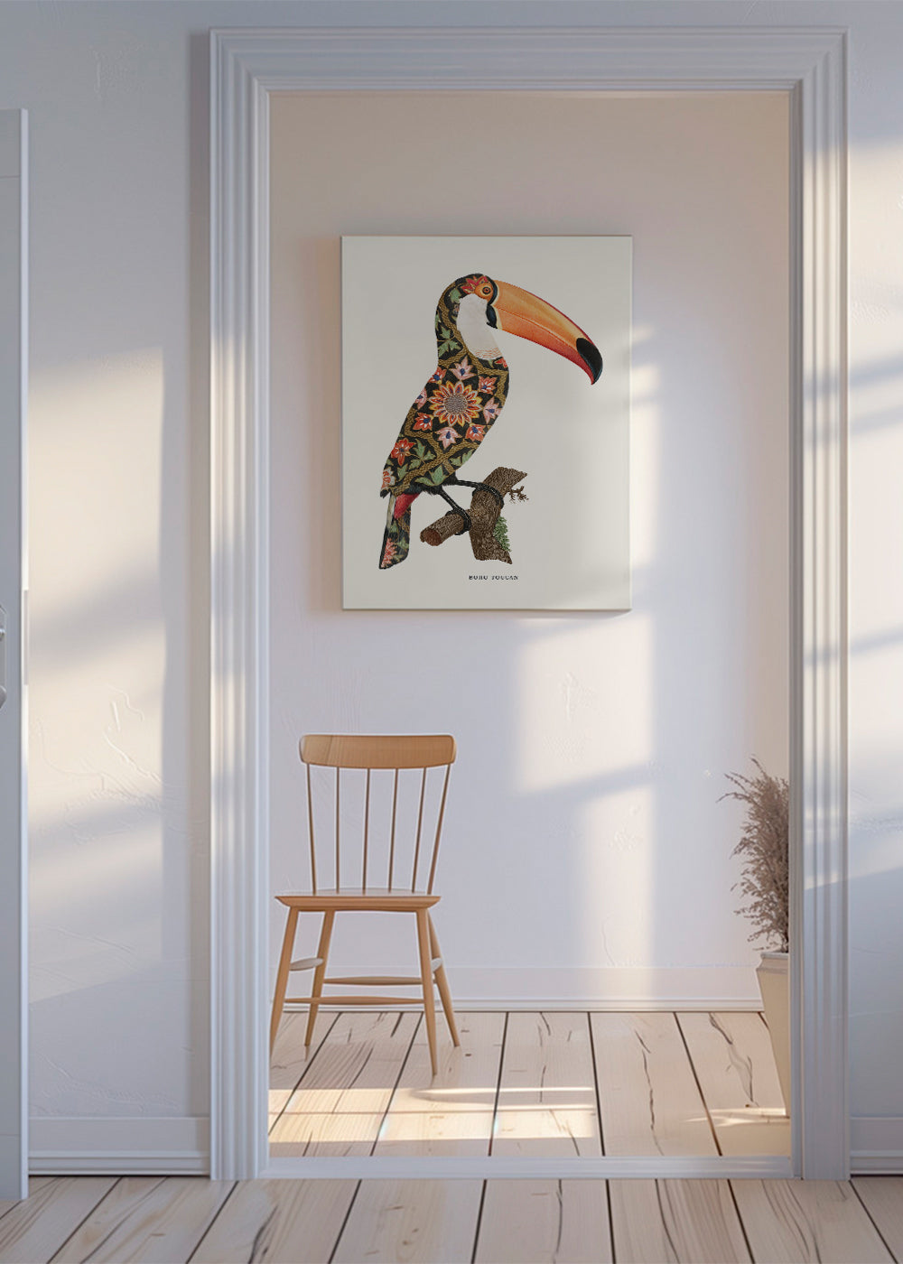Boho-tukan med mønstret fjerdragt