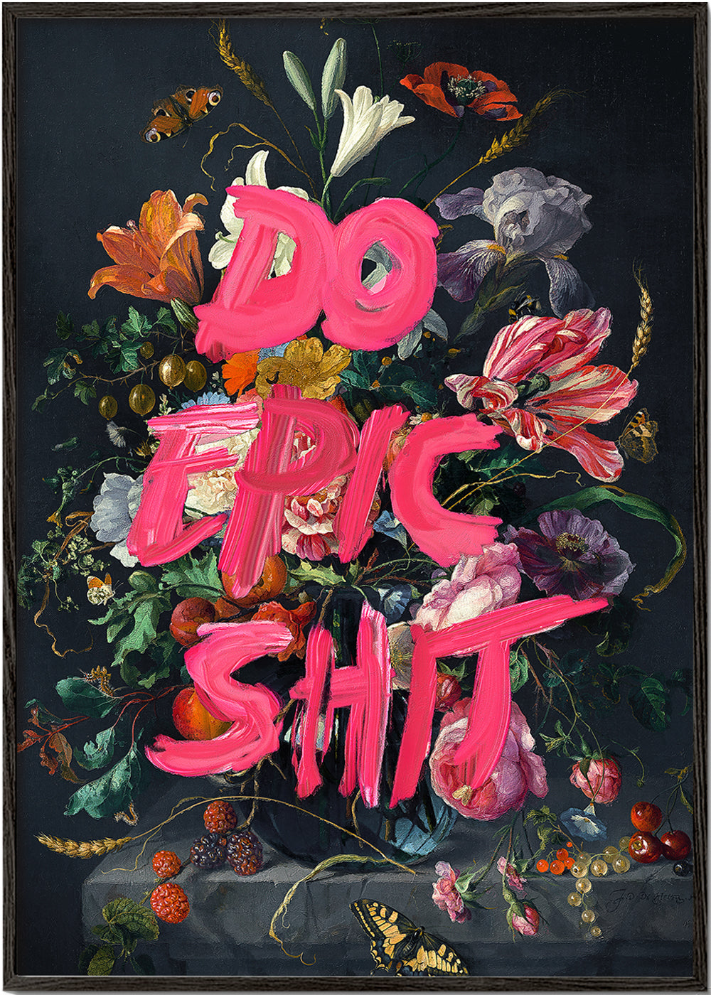 Botanisk plakat med dristig typografi over stilleben