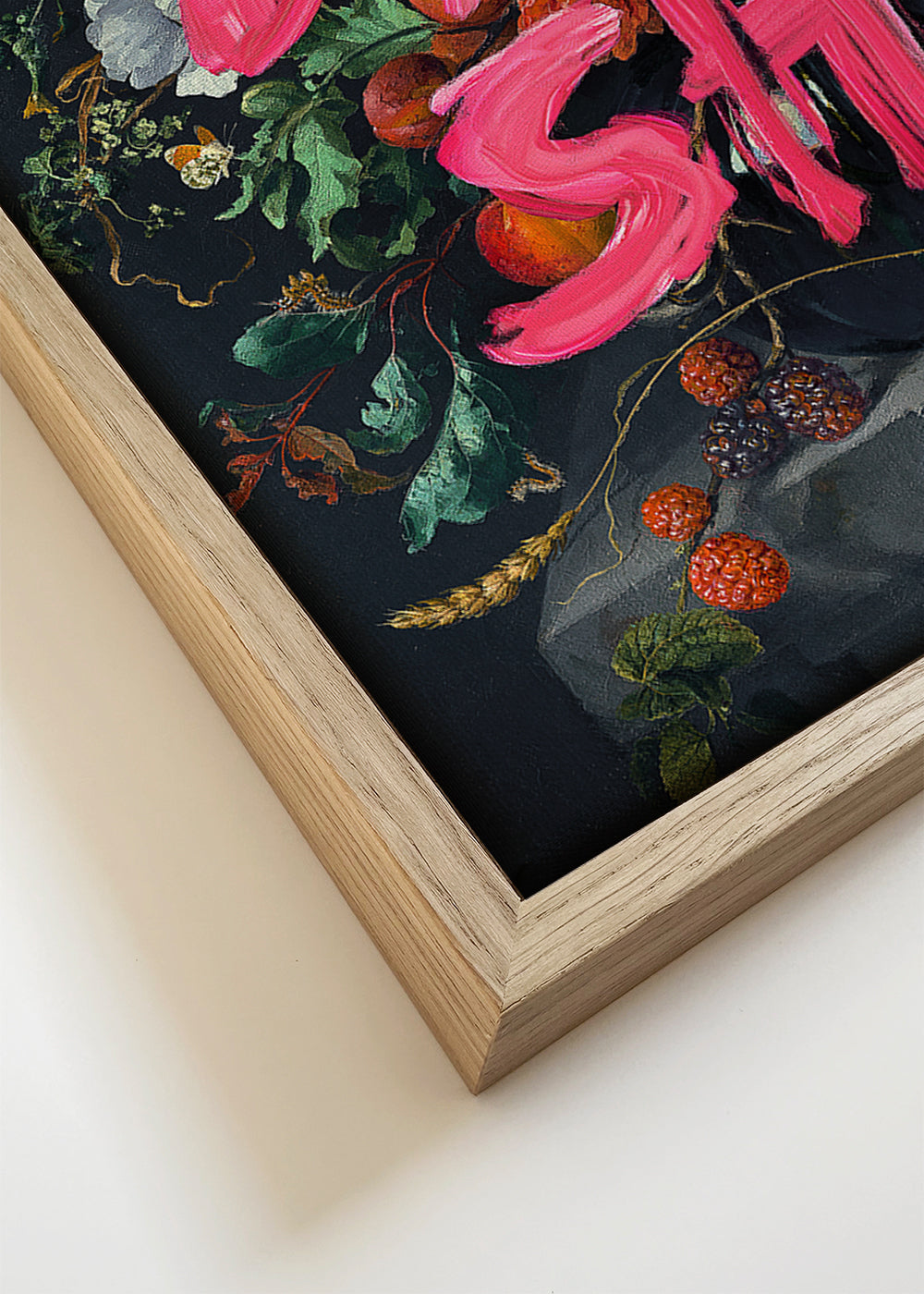 Botanisk plakat med dristig typografi over stilleben