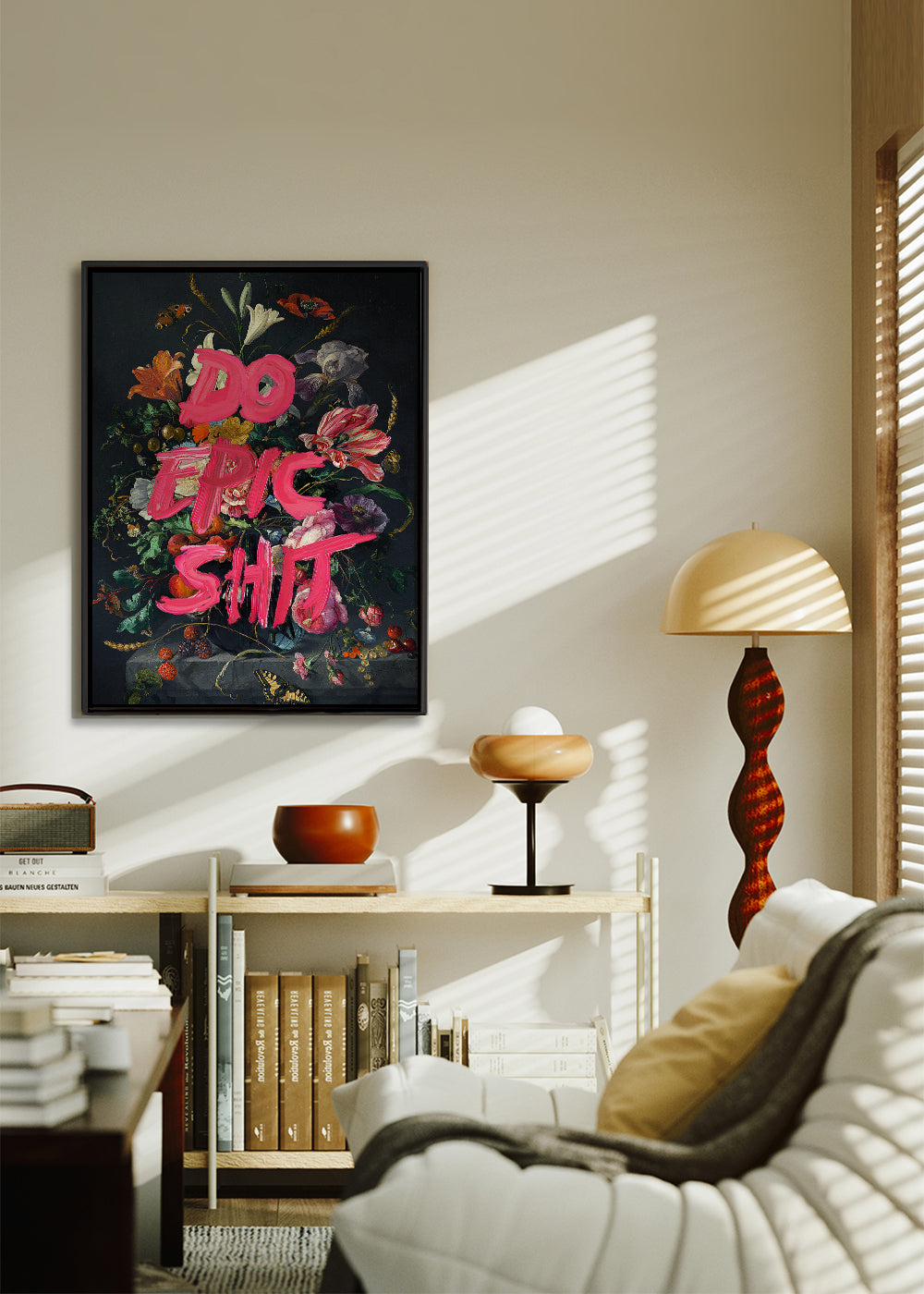 Botanisk plakat med dristig typografi over stilleben