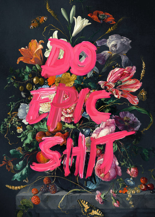 Botanisk plakat med dristig typografi over stilleben
