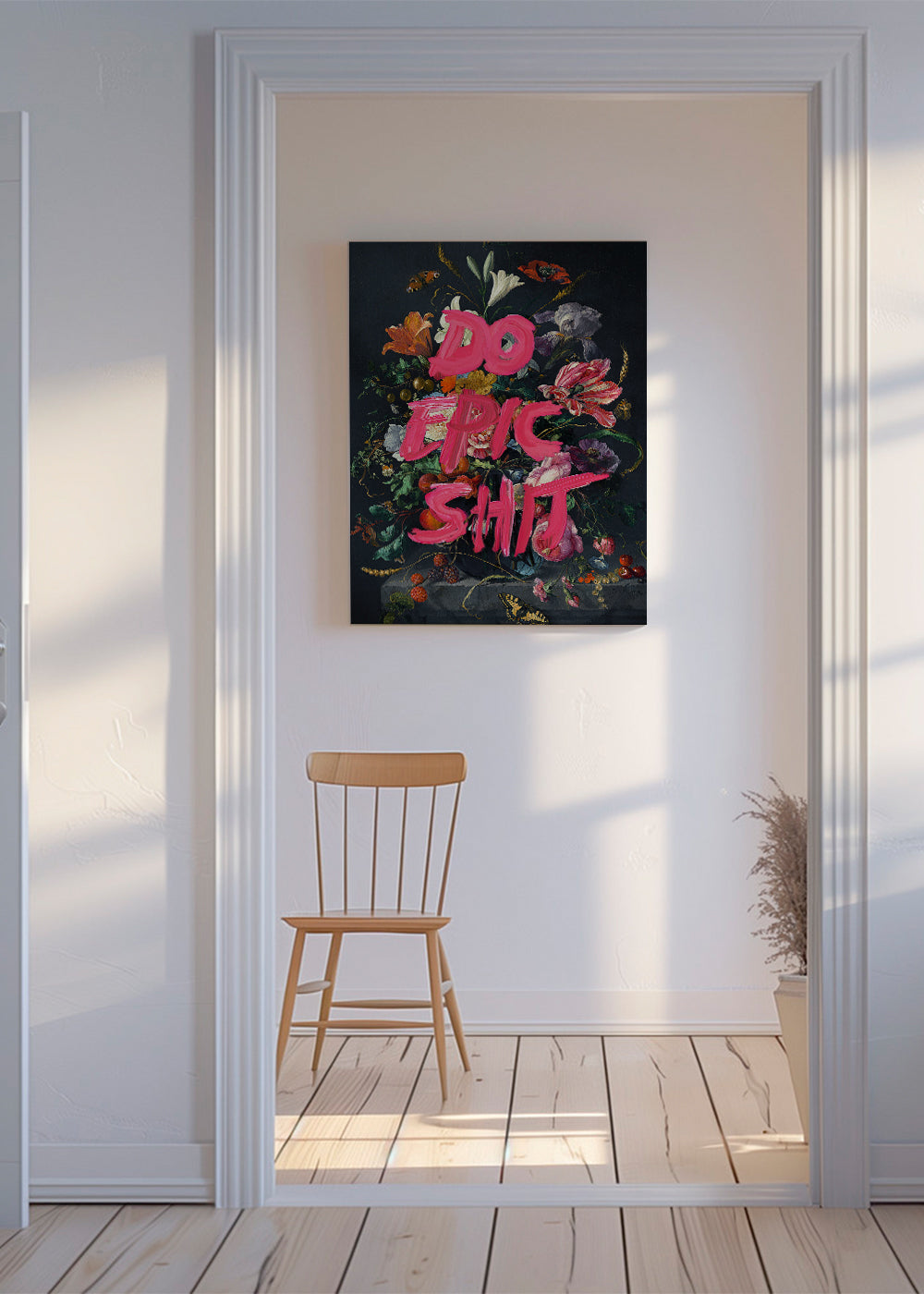 Botanisk plakat med dristig typografi over stilleben
