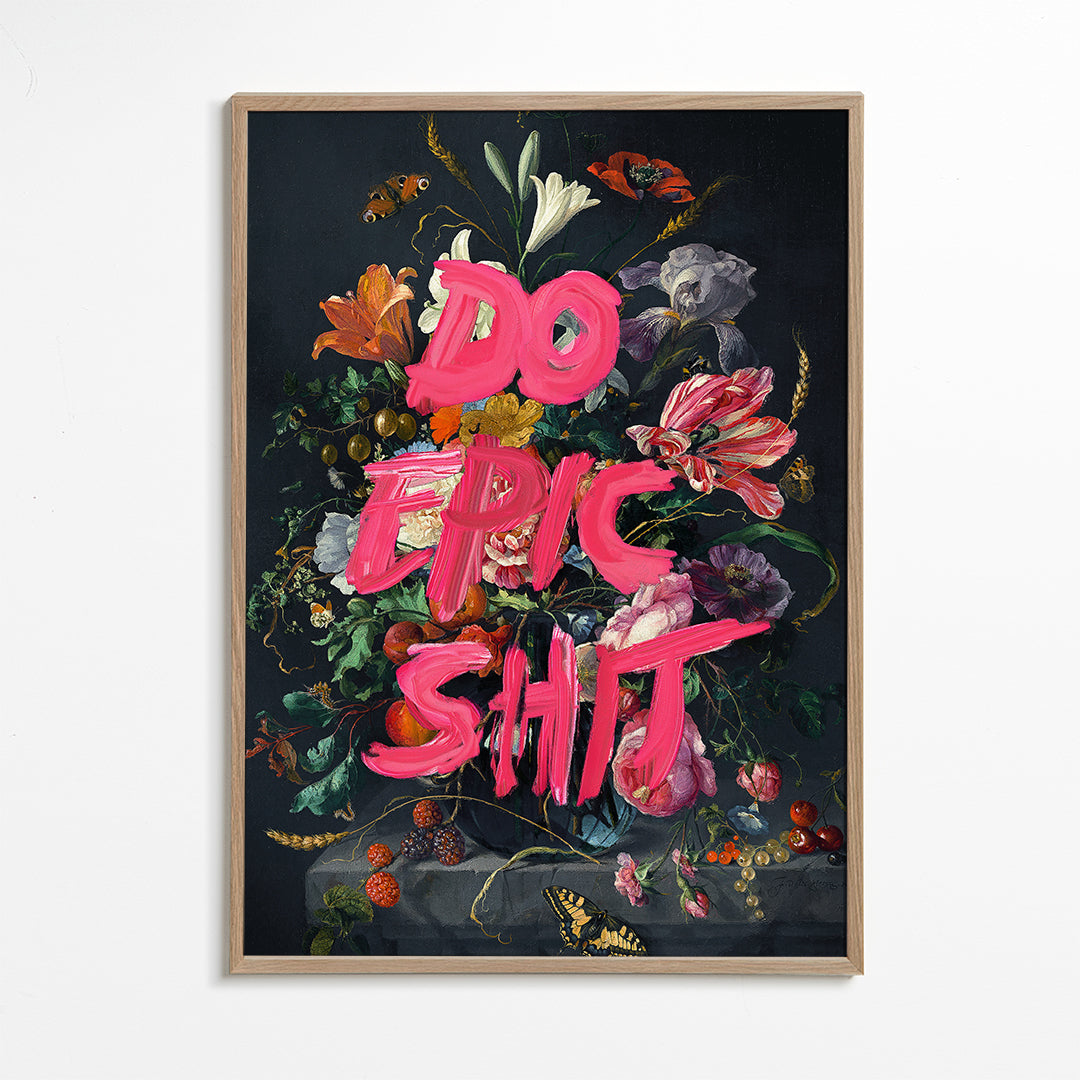 Botanisk plakat med dristig typografi over stilleben