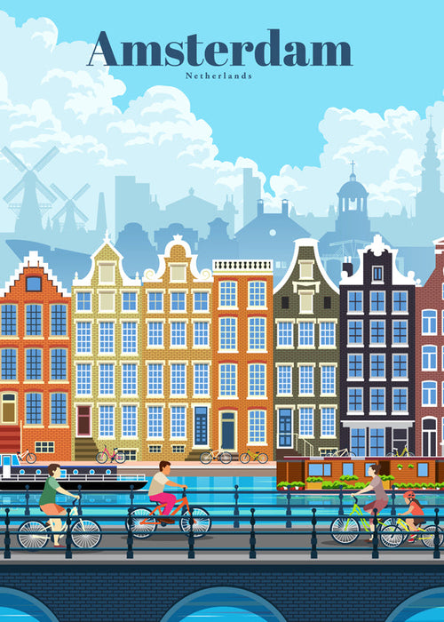 Rejseplakat Amsterdam kanal med cykler