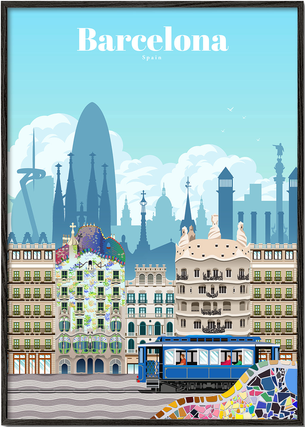 Rejseplakat Barcelona illustreret skyline