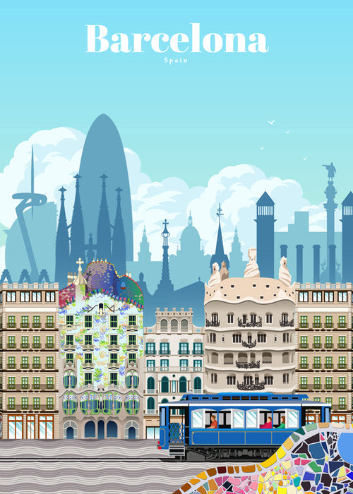 Rejseplakat Barcelona illustreret skyline