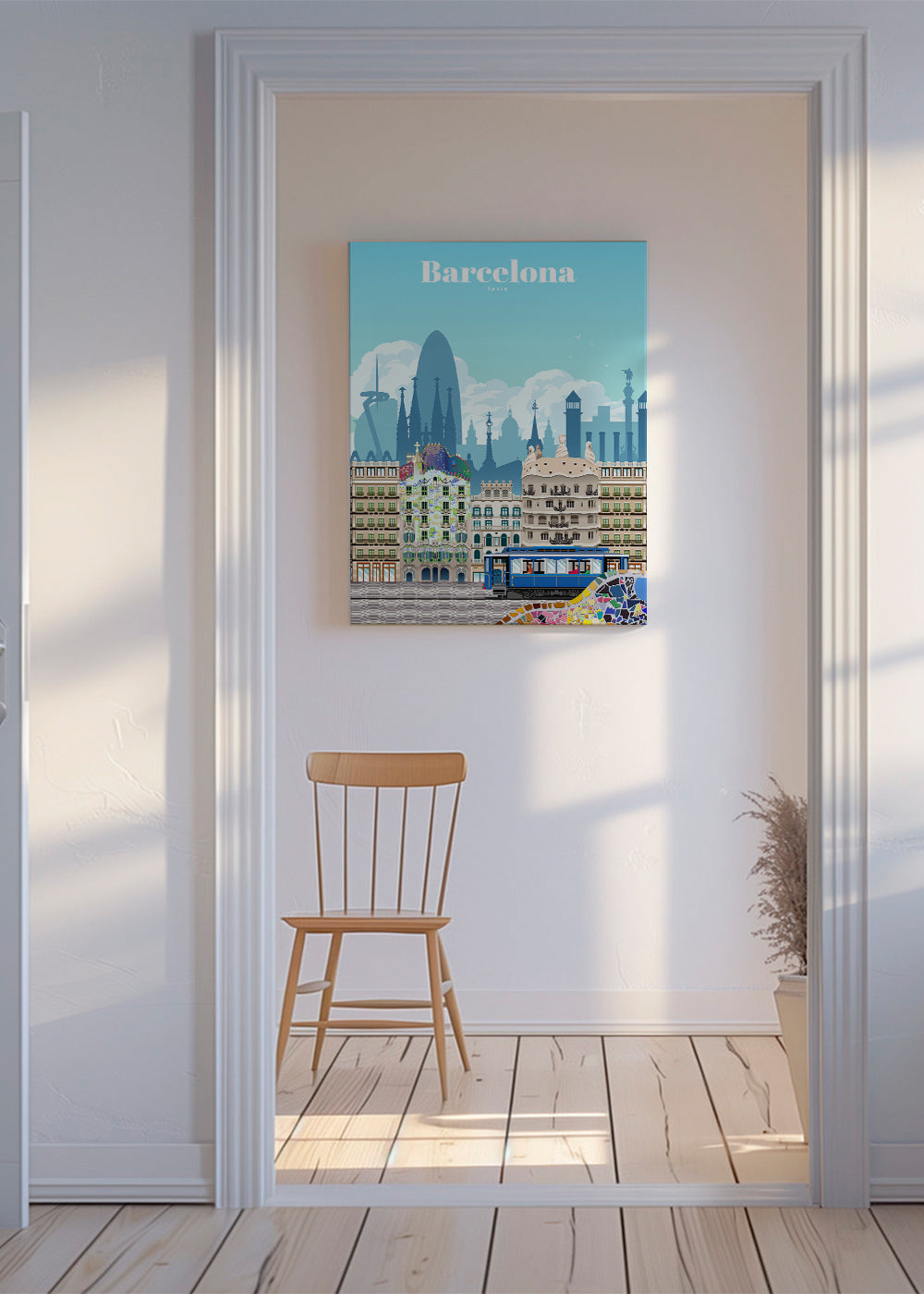 Rejseplakat Barcelona illustreret skyline