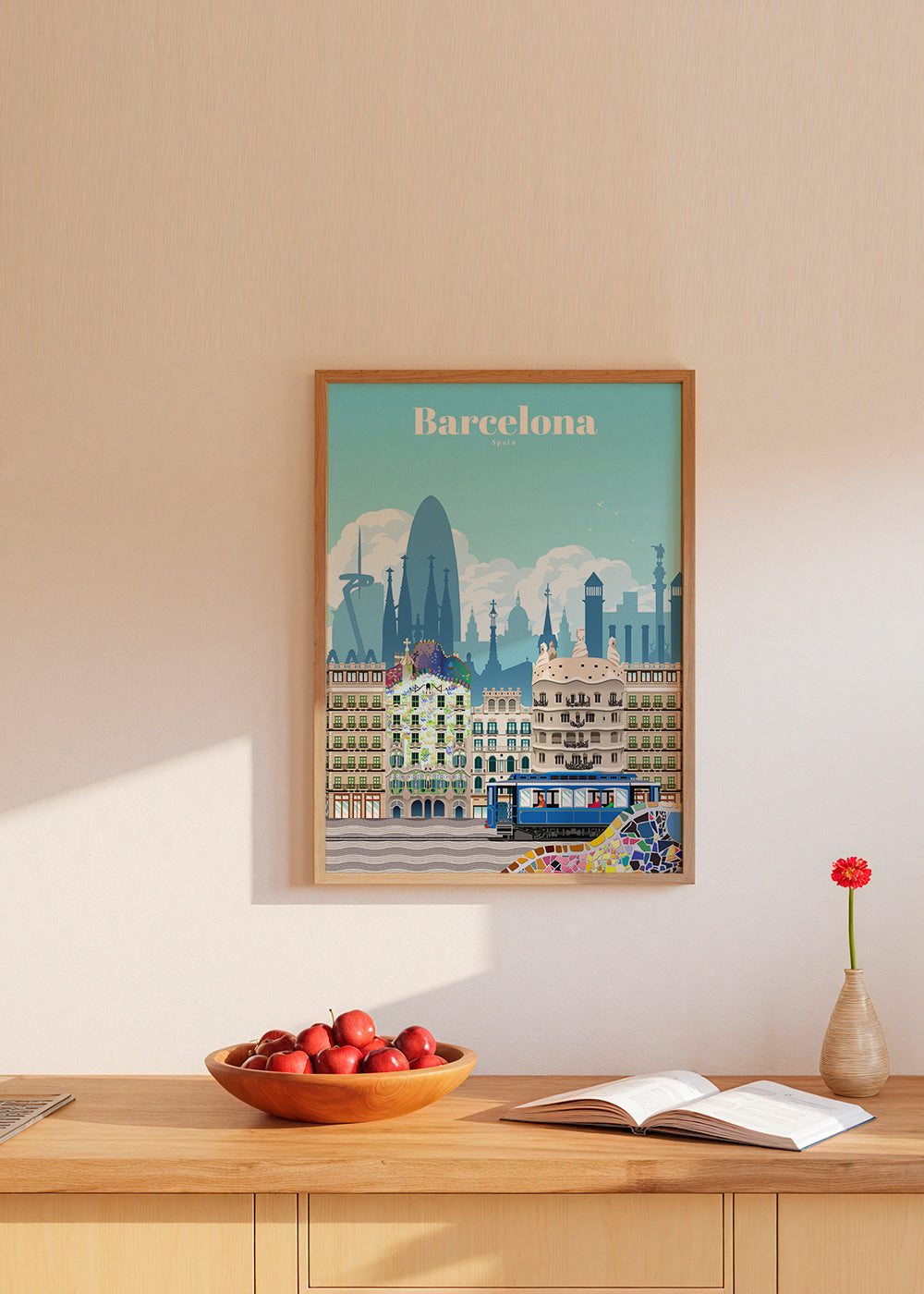 Rejseplakat Barcelona illustreret skyline