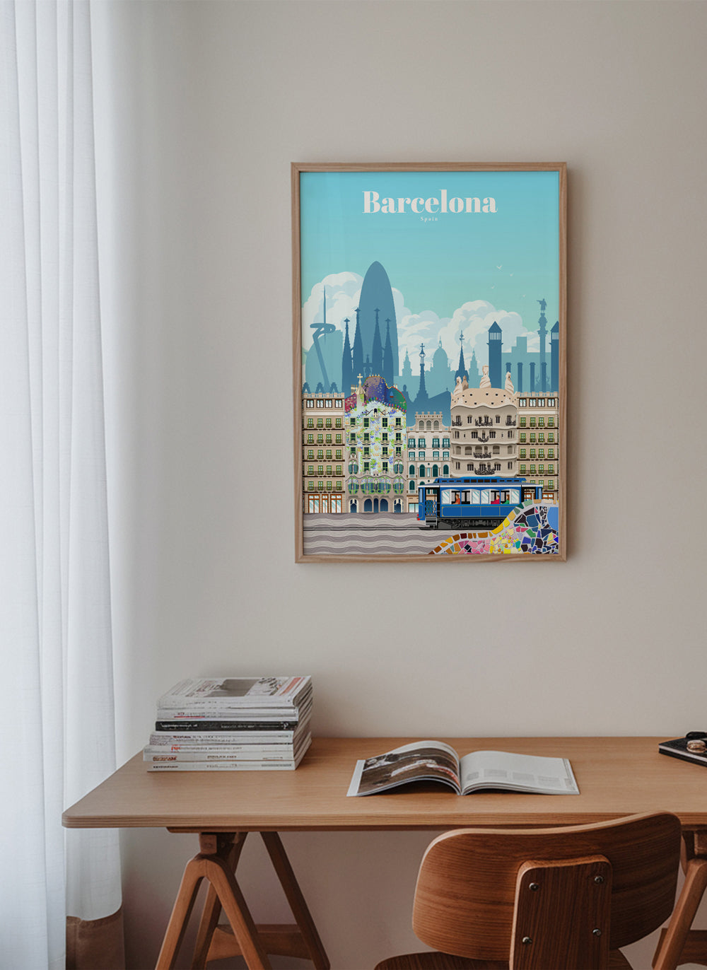 Rejseplakat Barcelona illustreret skyline