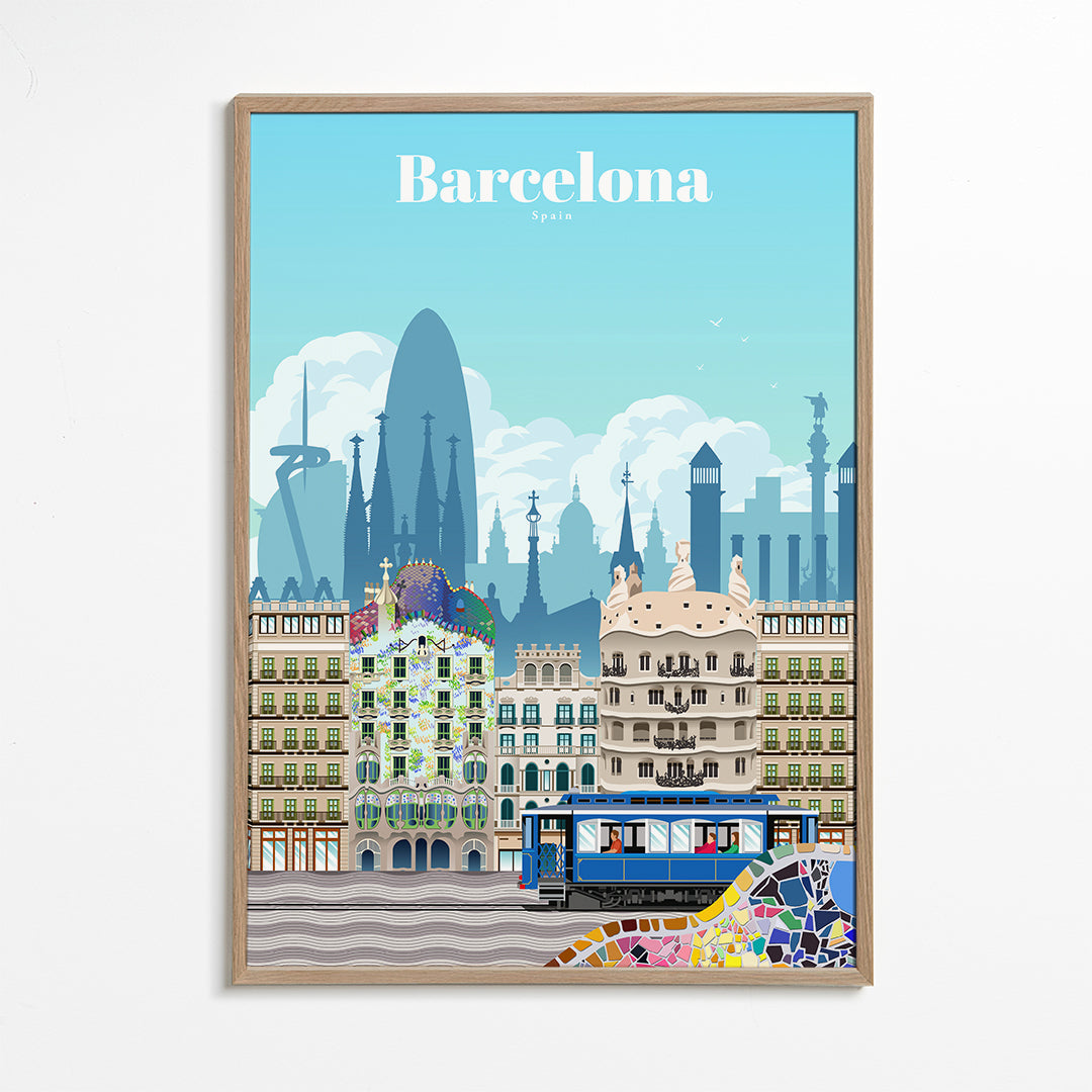 Rejseplakat Barcelona illustreret skyline