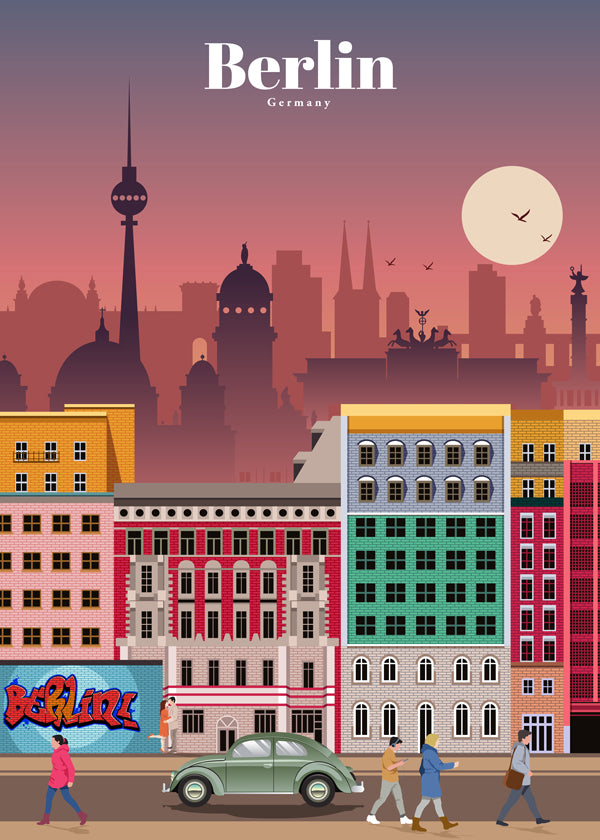 Rejseplakat Berlin: illustreret by-skyline