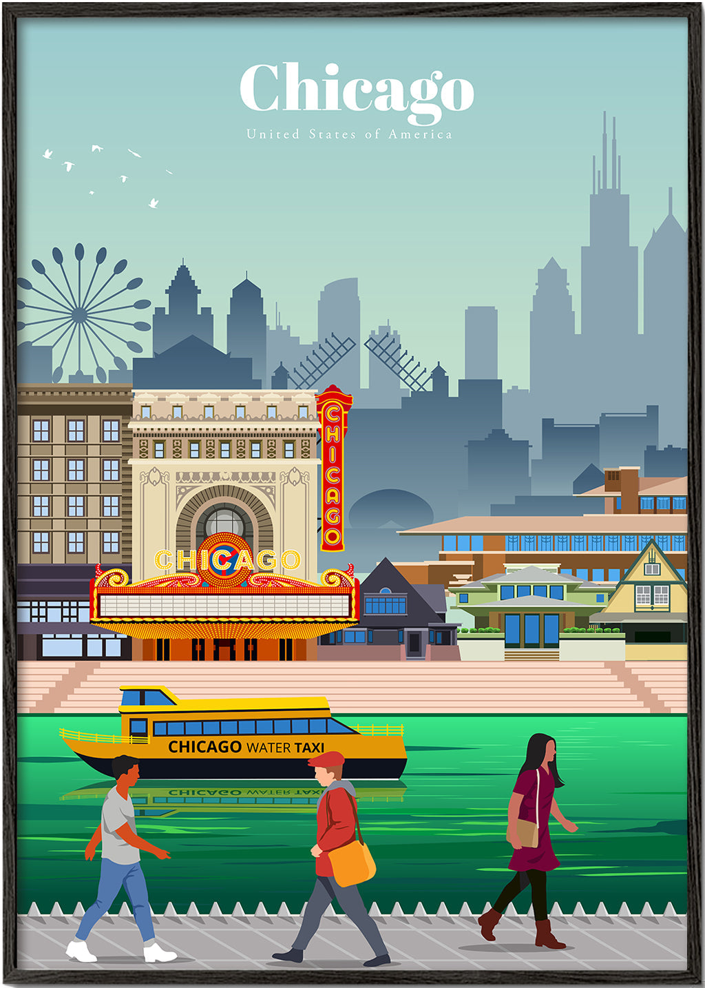 Rejseplakat: Chicagos skyline med vandskib