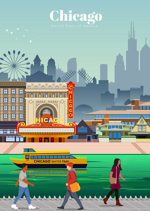 Rejseplakat: Chicagos skyline med vandskib