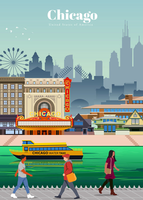 Rejseplakat: Chicagos skyline med vandskib