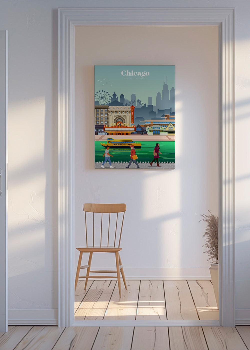 Rejseplakat: Chicagos skyline med vandskib