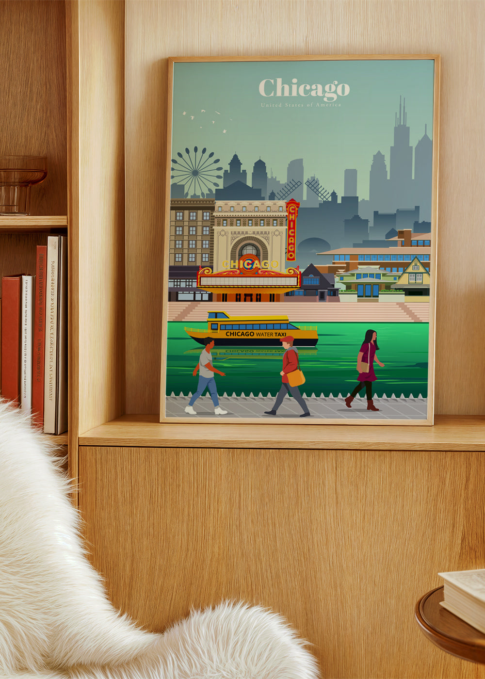 Rejseplakat: Chicagos skyline med vandskib