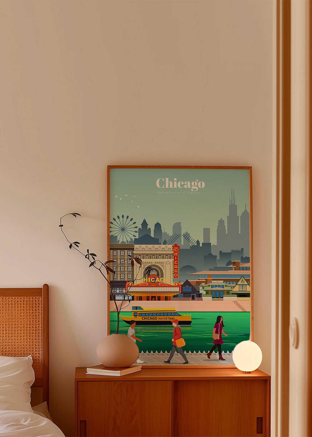 Rejseplakat: Chicagos skyline med vandskib