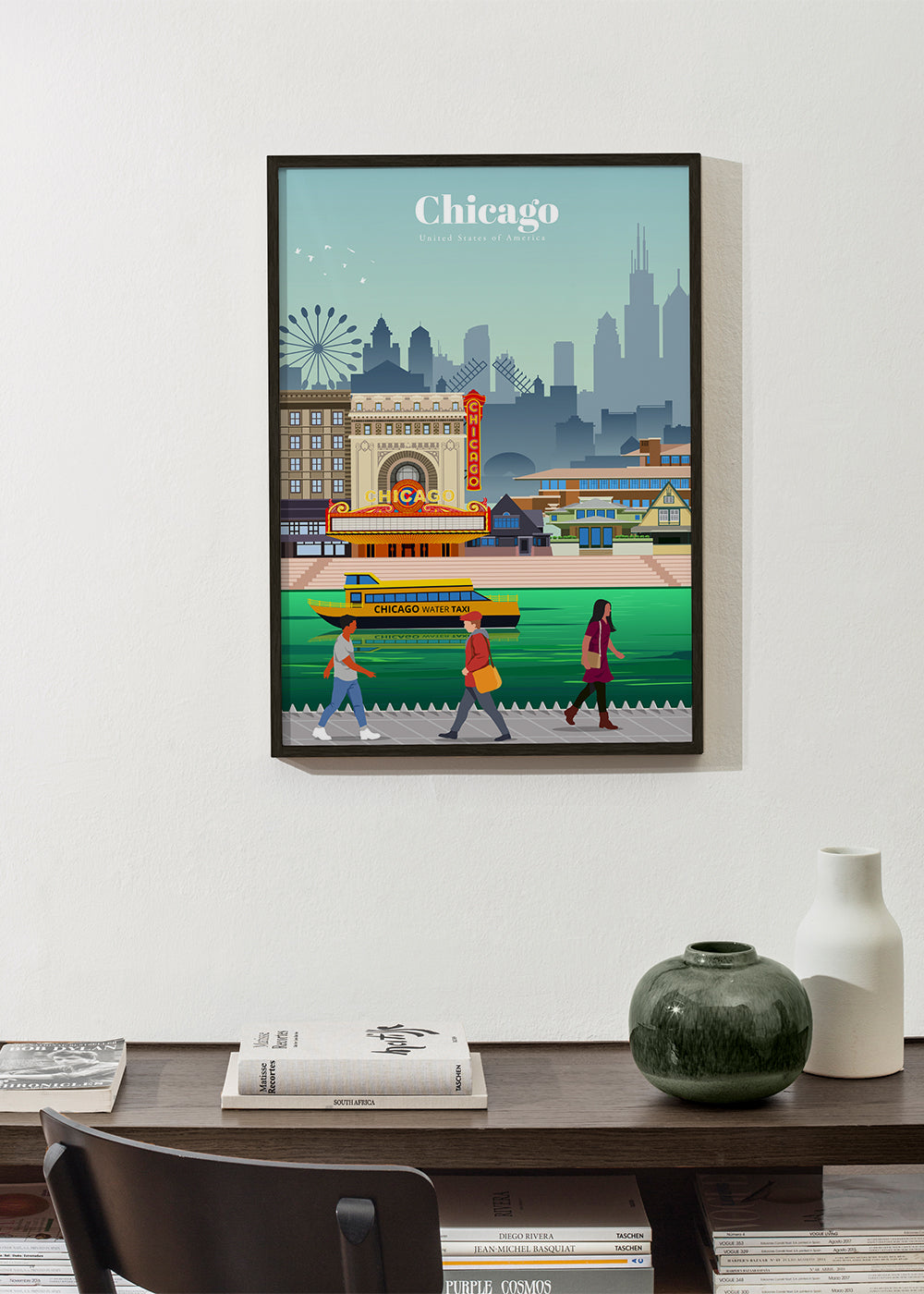 Rejseplakat: Chicagos skyline med vandskib